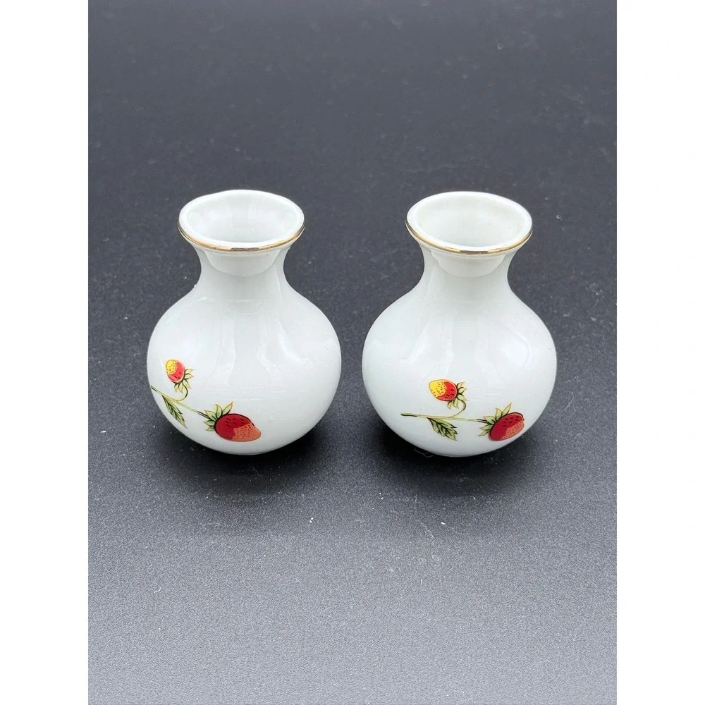 OMC Japan Miniature Porcelain Strawberry Bud Vases Gold Rim Set of 2 Vintage